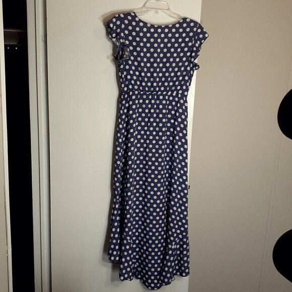 Grecerelle High-Low Maxi Wrap Dress; Blue Polka Dots; Cap Sleeves; Size Small - Picture 2 of 6